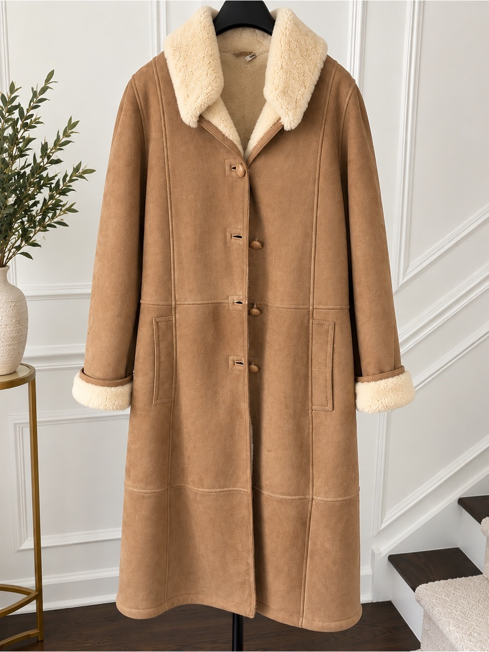 Vintage Oscar de la Renta Shearling-Trim Suede Coat in Tan